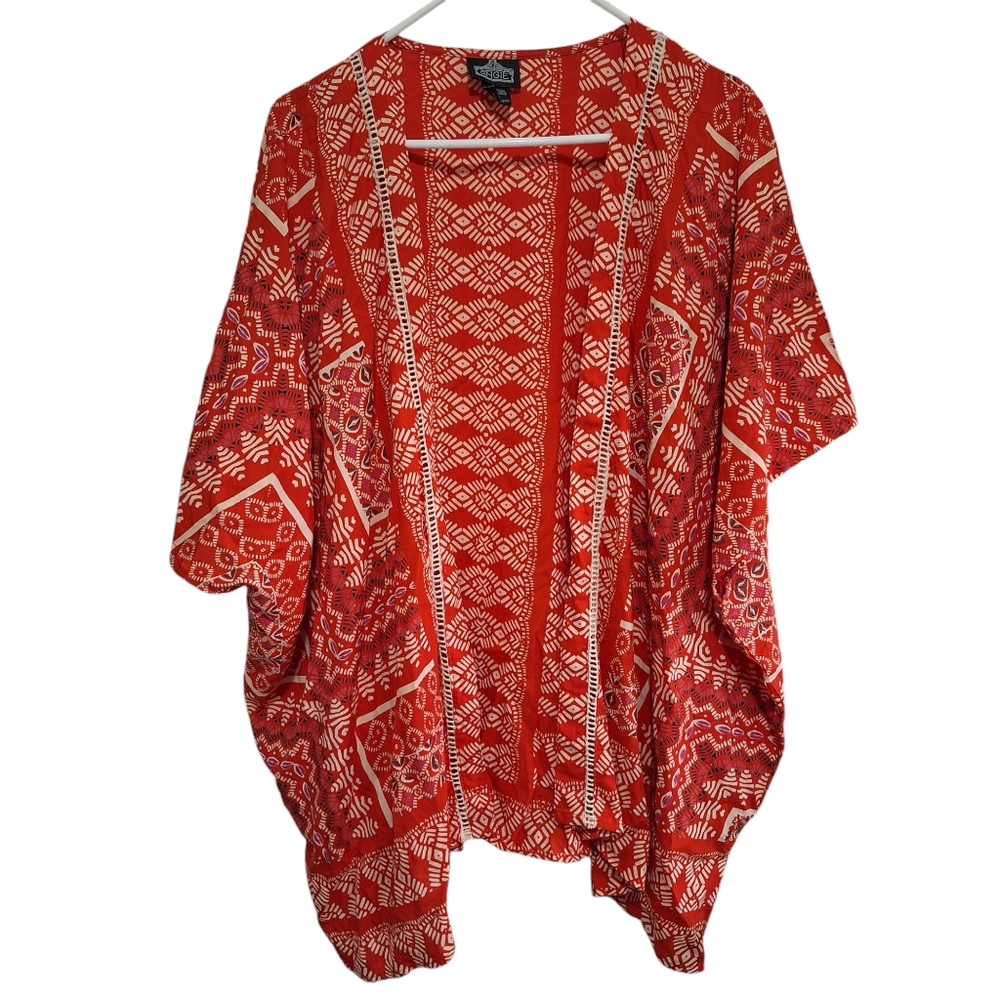 Angie Open Front Orange Geometric Print Lightweight Kimono Cardigan, Sz L